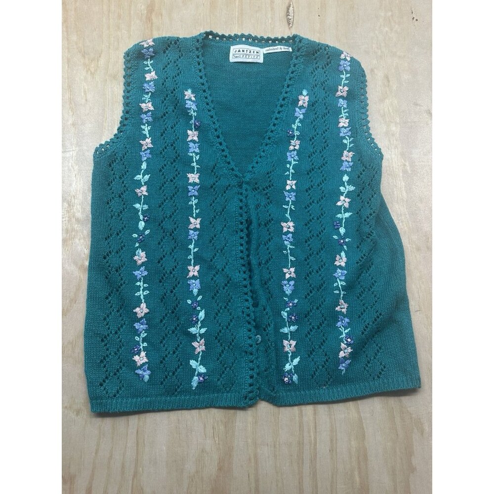 Vintage Jantzen Sweater Vest Hand Embroidered Flowers L Petite Green Cotton